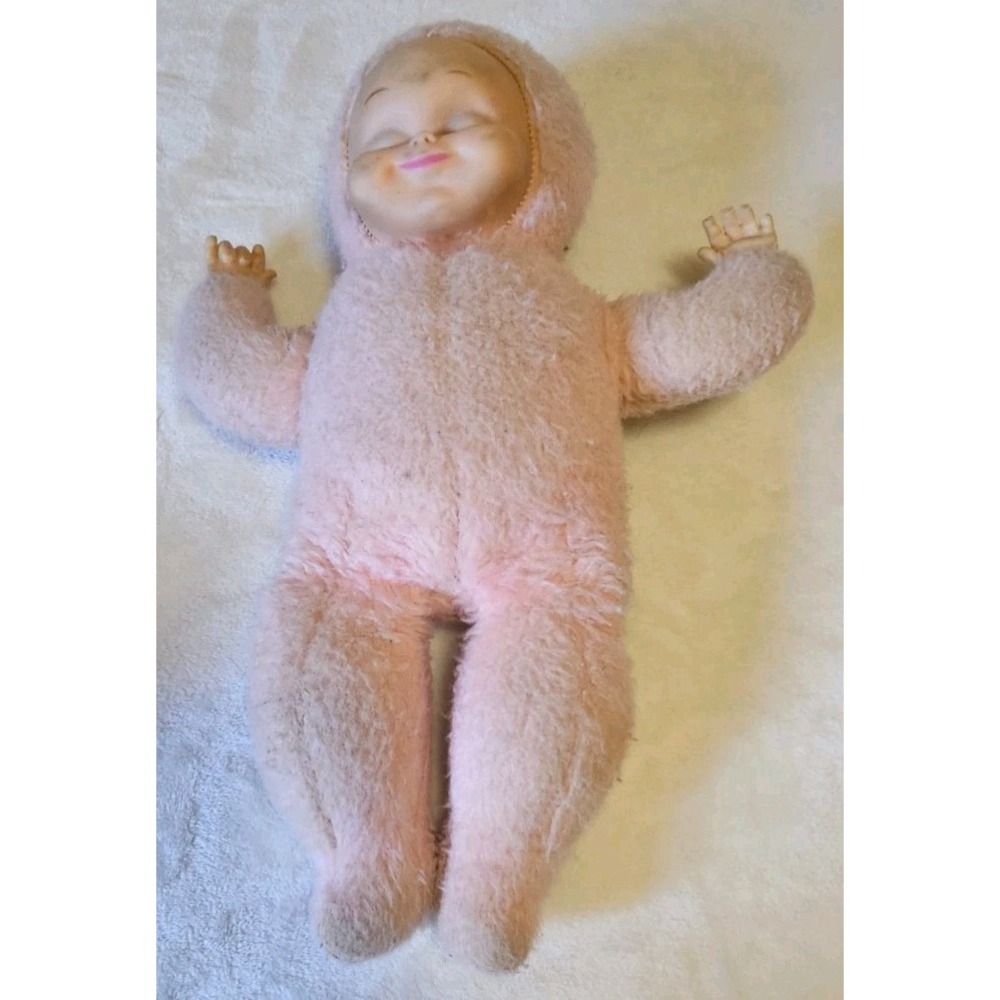 Rushton Rubber Face 1950s Vintage Mid Century Stuffed Baby Doll Pink Plush